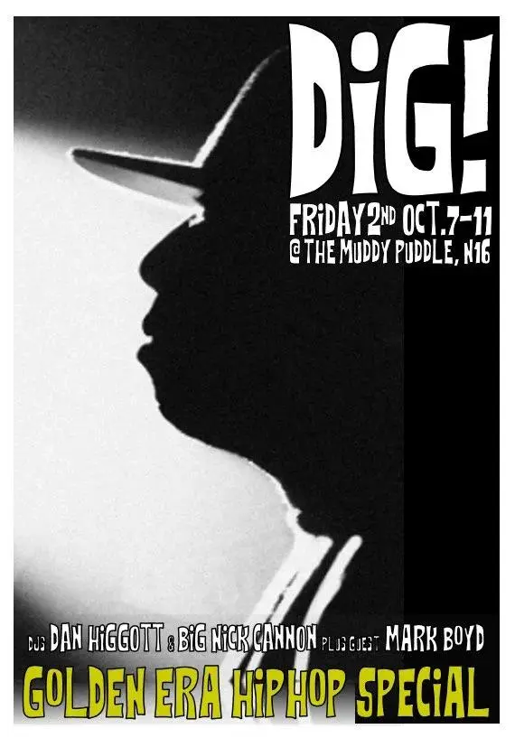 Black and white photograph of a singer at a microphone, with DiG! in hand-drawn white capitals